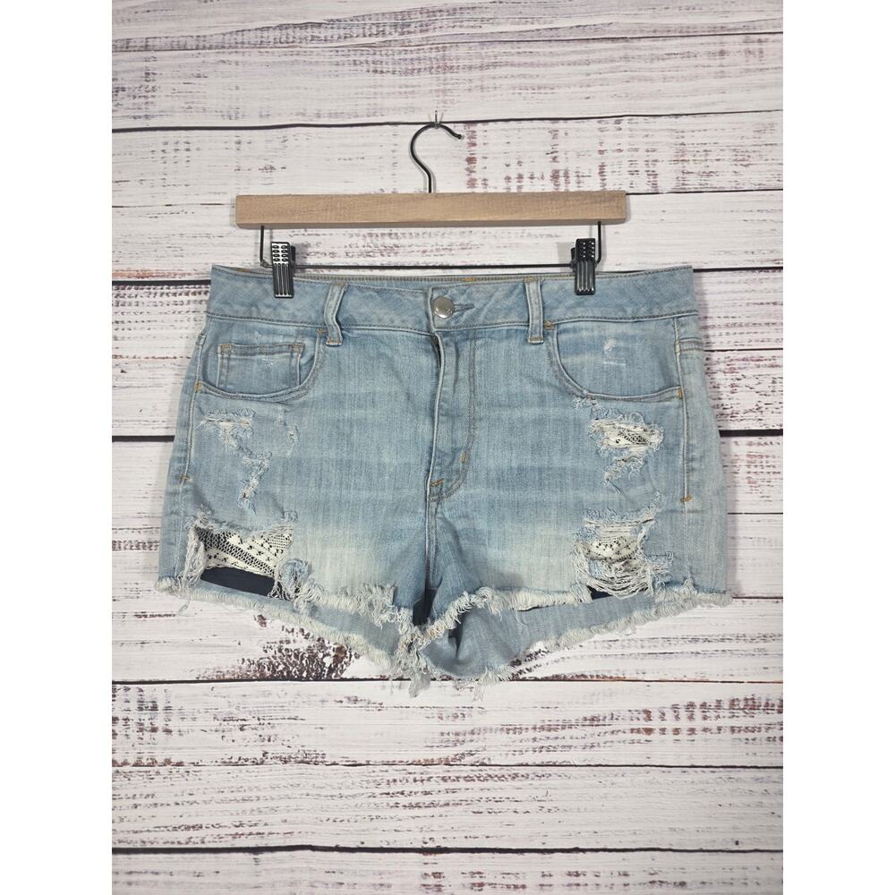 American Eagle Denim Hi-Rise Shortie Jean Shorts Distressed Raw Hem Size 14